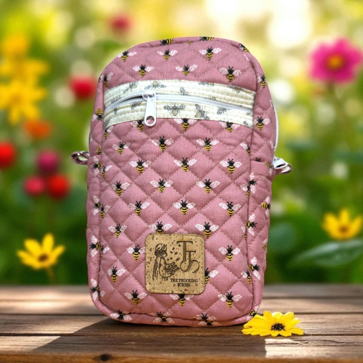 Pink Bee Crossbody Bag, Quilted Phone Bag, Small Zipper Purse, Adjustable Strap, Rose Apiary Quick Haul, Handmade Gift