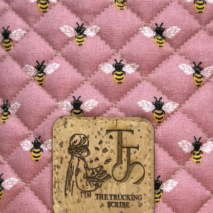 Pink Bee Crossbody Bag, Quilted Phone Bag, Small Zipper Purse, Adjustable Strap, Rose Apiary Quick Haul, Handmade Gift