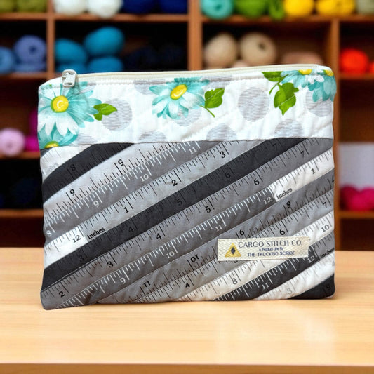 Quilted Project Bag – Ruler Print – Handmade Drawstring Knitting or Crochet Bag, Yarn Storage for Sewing, Fiber Arts & Craft Projects