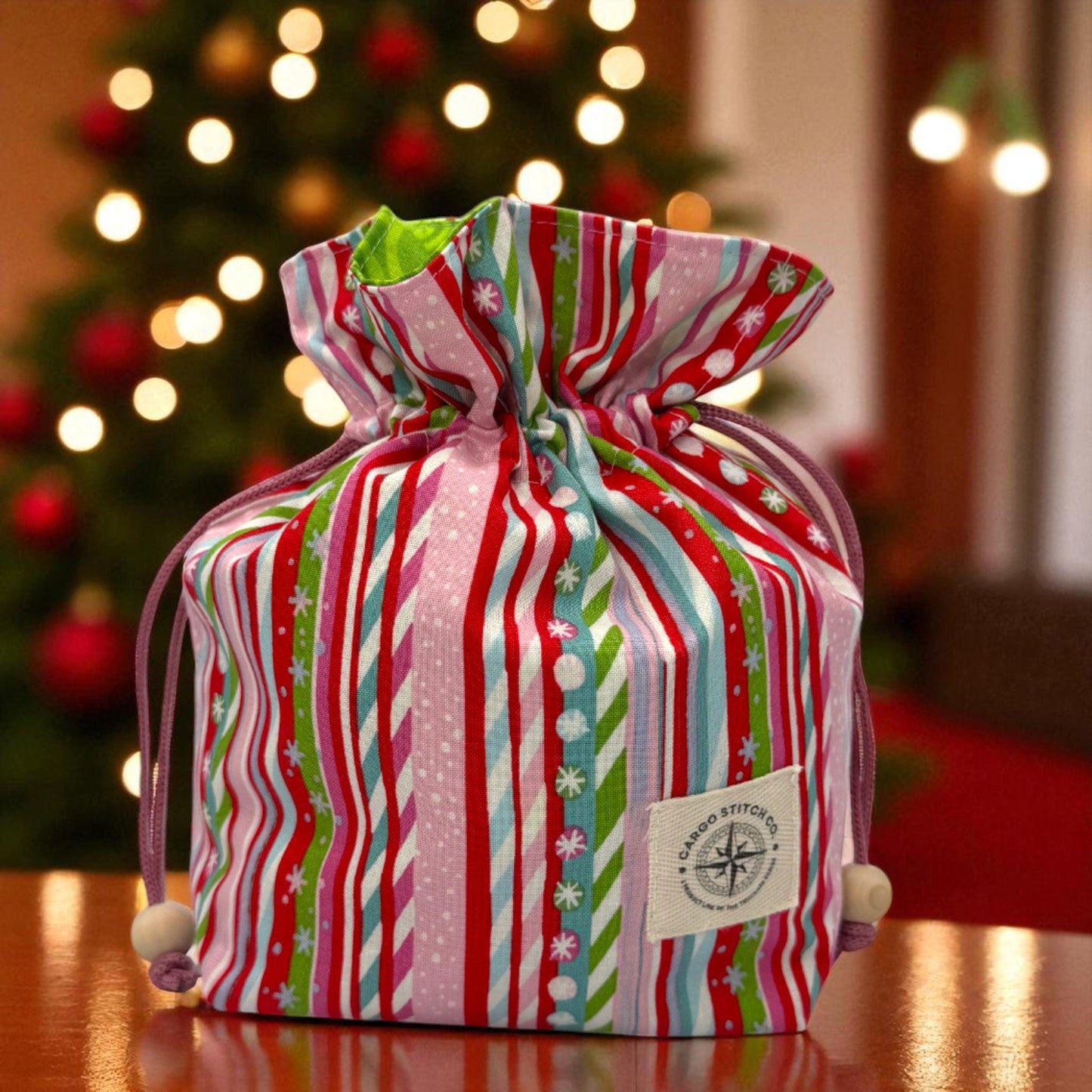 3 Holiday Gift Bag Set – Peppermint Lane 2025 Medium Drawstring Trio – Ornaments, Peppermint Swirl, Candy Cane Holiday Organizer