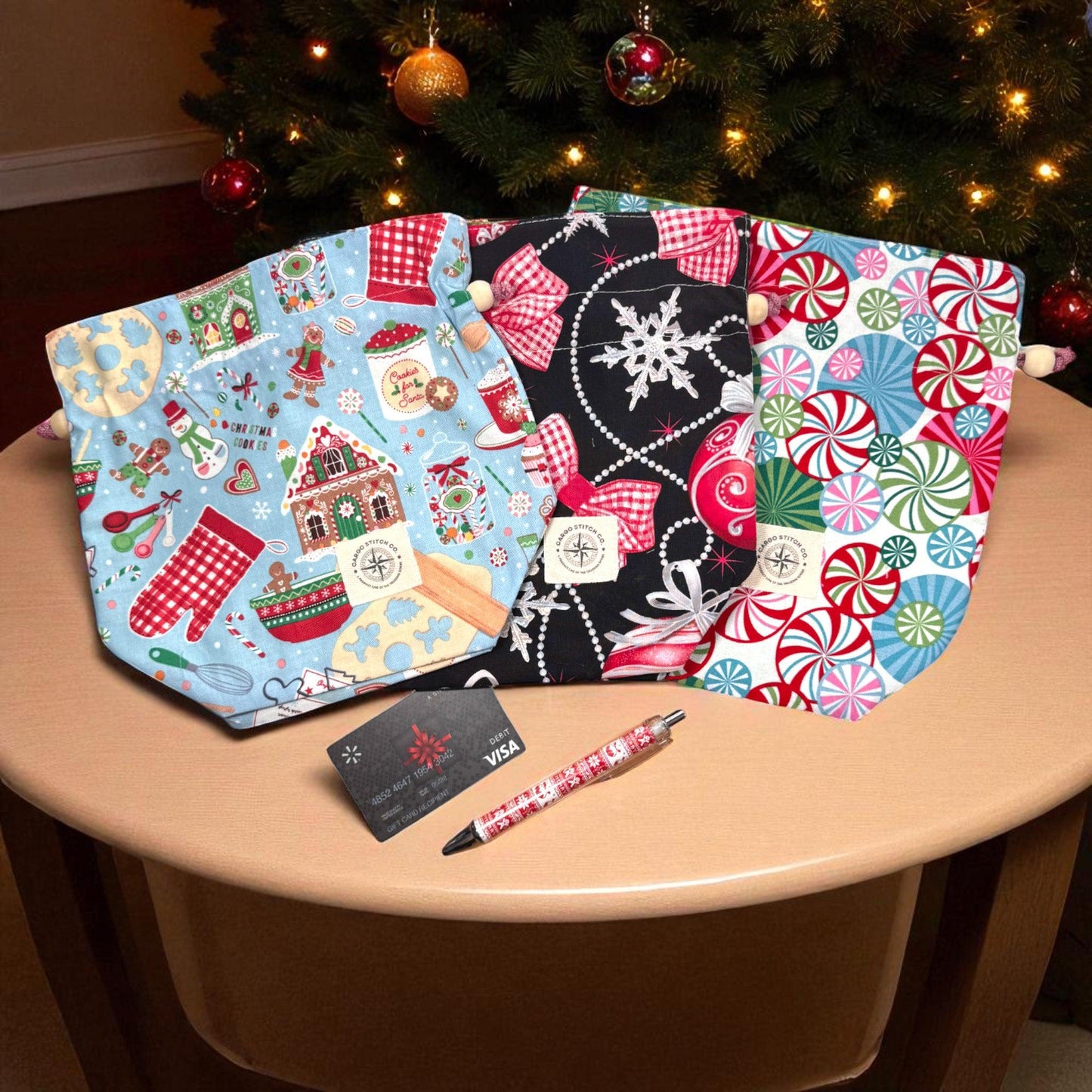 3 Holiday Gift Bag Set – Peppermint Lane 2025 – Reusable Quilted Drawstring Bags – Christmas Gift Wrap – Limited Edition – Set of 3