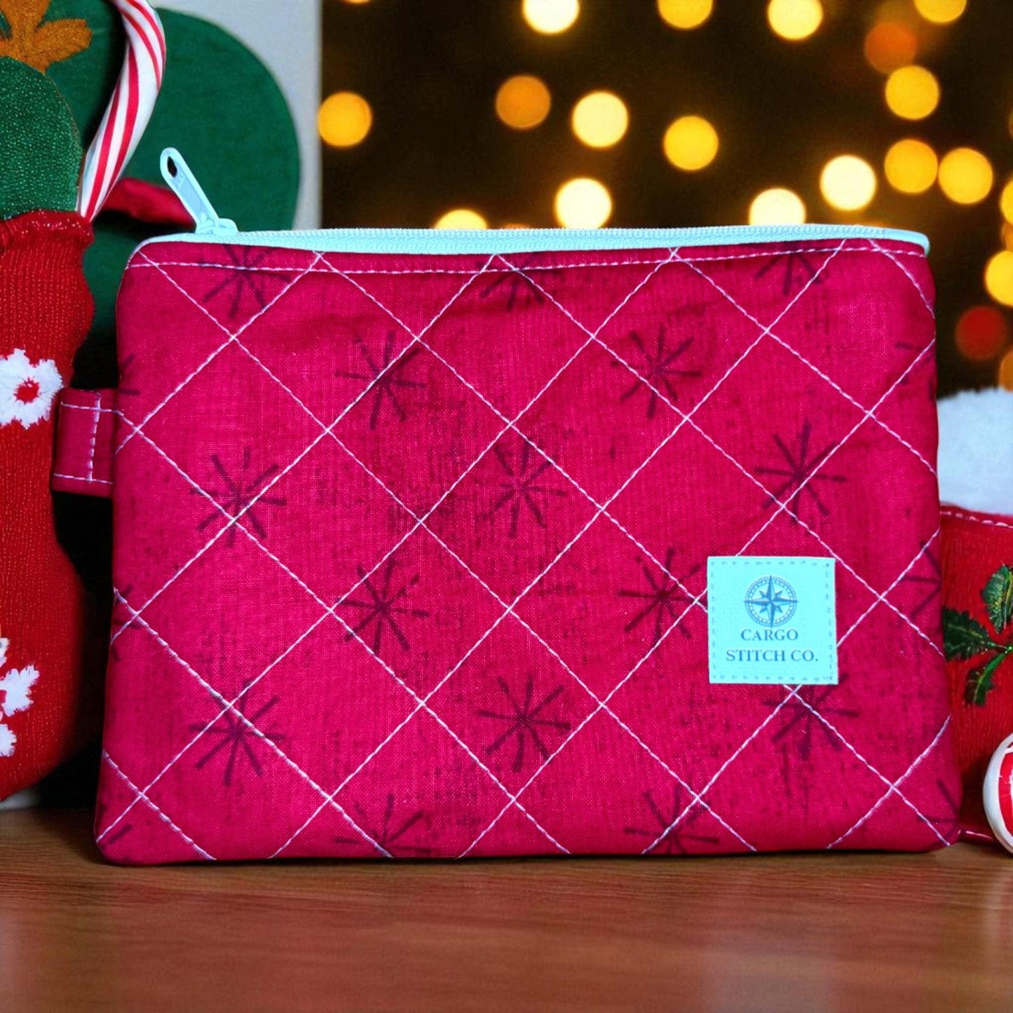 Peppermint Lane Christmas Zipper Pouch - 7×5 Quilted Holiday Bag | Sugarplum Collection | Handmade by Cargo Stitch Co.