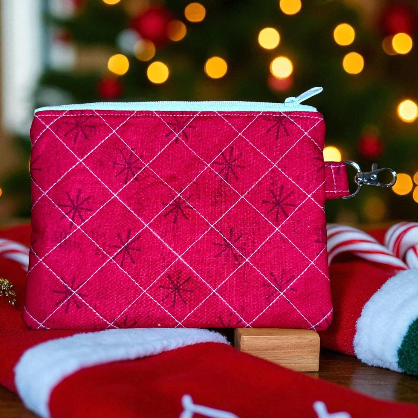 Peppermint Lane Christmas Zipper Pouch - 7×5 Quilted Holiday Bag | Sugarplum Collection | Handmade by Cargo Stitch Co.