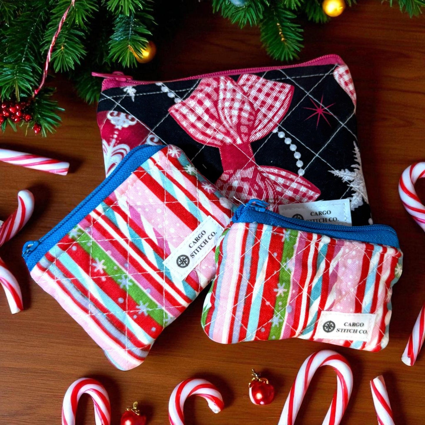 Mini Pouch Trio – Peppermint Lane 2025 | 2 Coin Pouches + 1 Small Zipper Bag Handmade Quilted Stocking Stuffers Cargo Stitch Co. Earbud Bag
