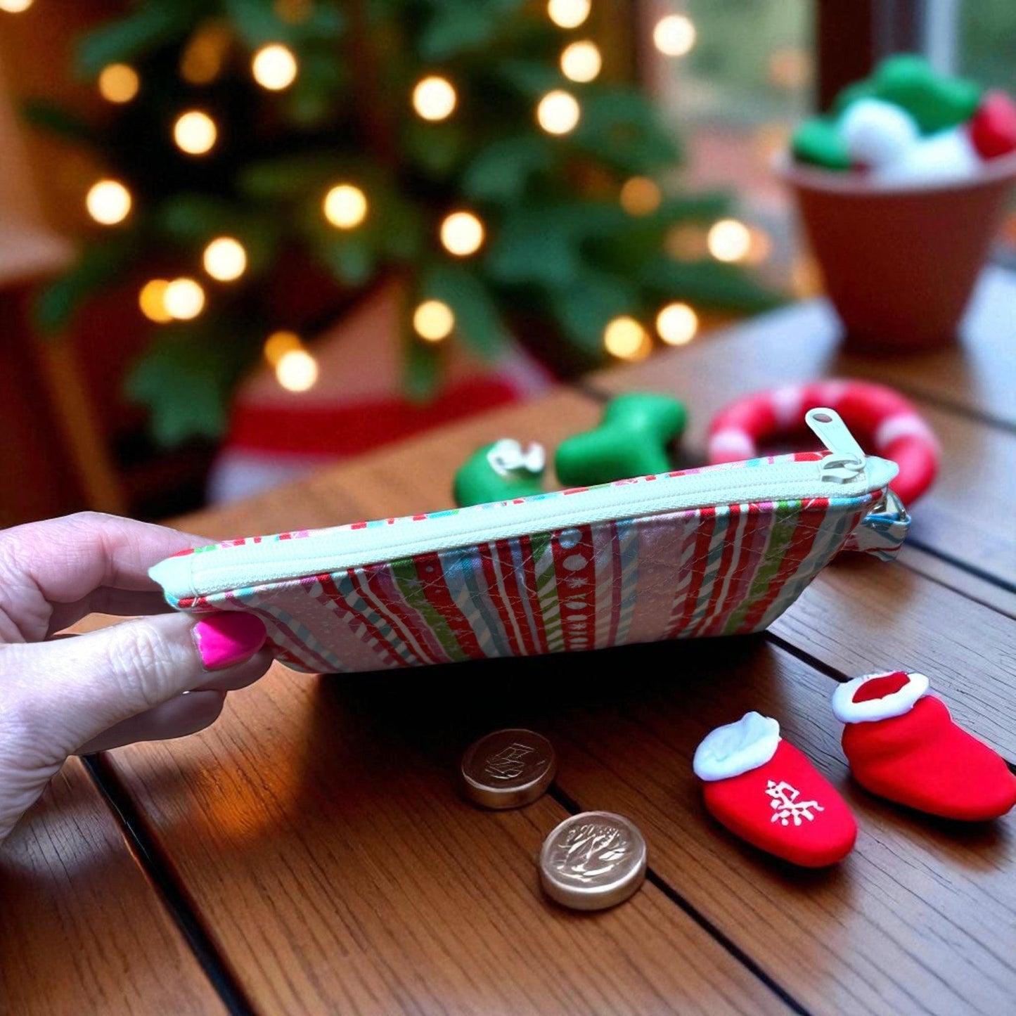 Mini Pouch Trio – Peppermint Lane 2025 | 2 Coin Pouches + 1 Small Zipper Bag Handmade Quilted Stocking Stuffers Cargo Stitch Co. Earbud Bag