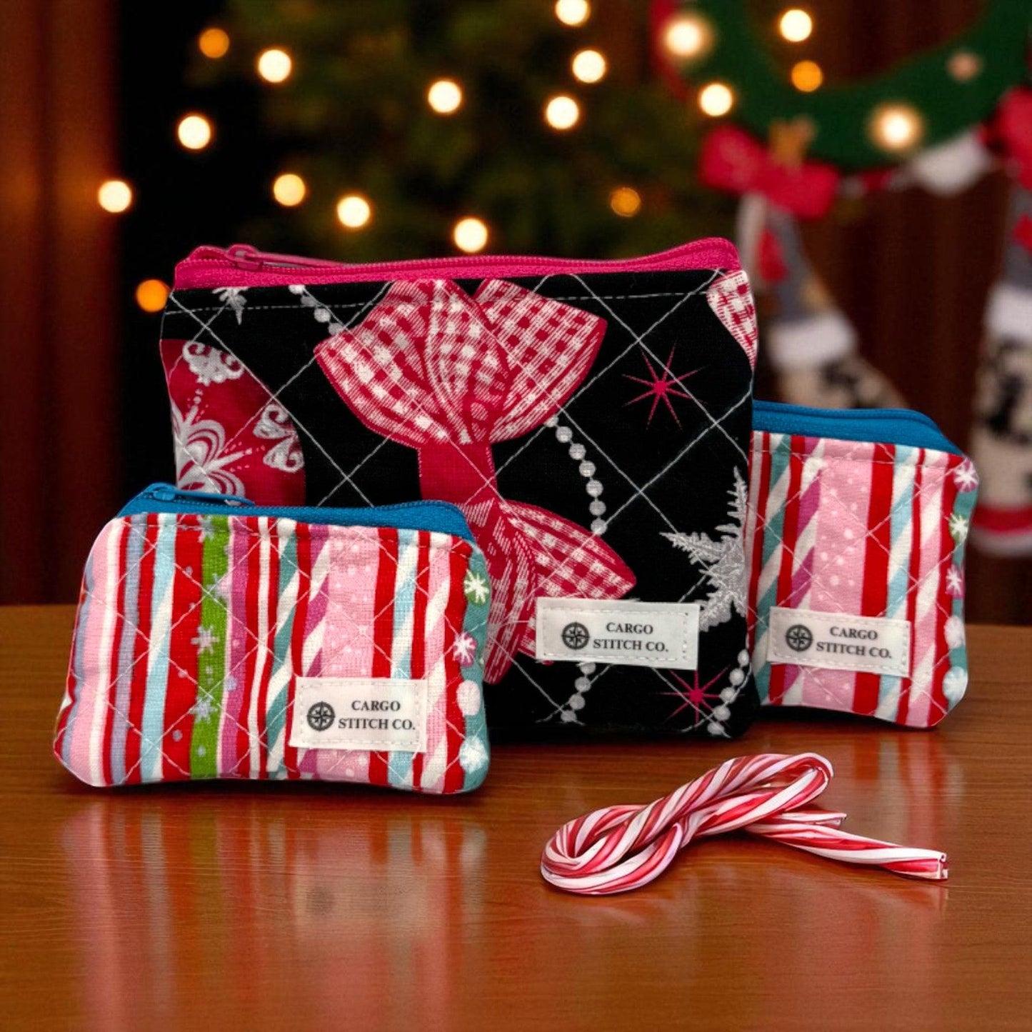 Mini Pouch Trio – Peppermint Lane 2025 | 2 Coin Pouches + 1 Small Zipper Bag Handmade Quilted Stocking Stuffers Cargo Stitch Co. Earbud Bag