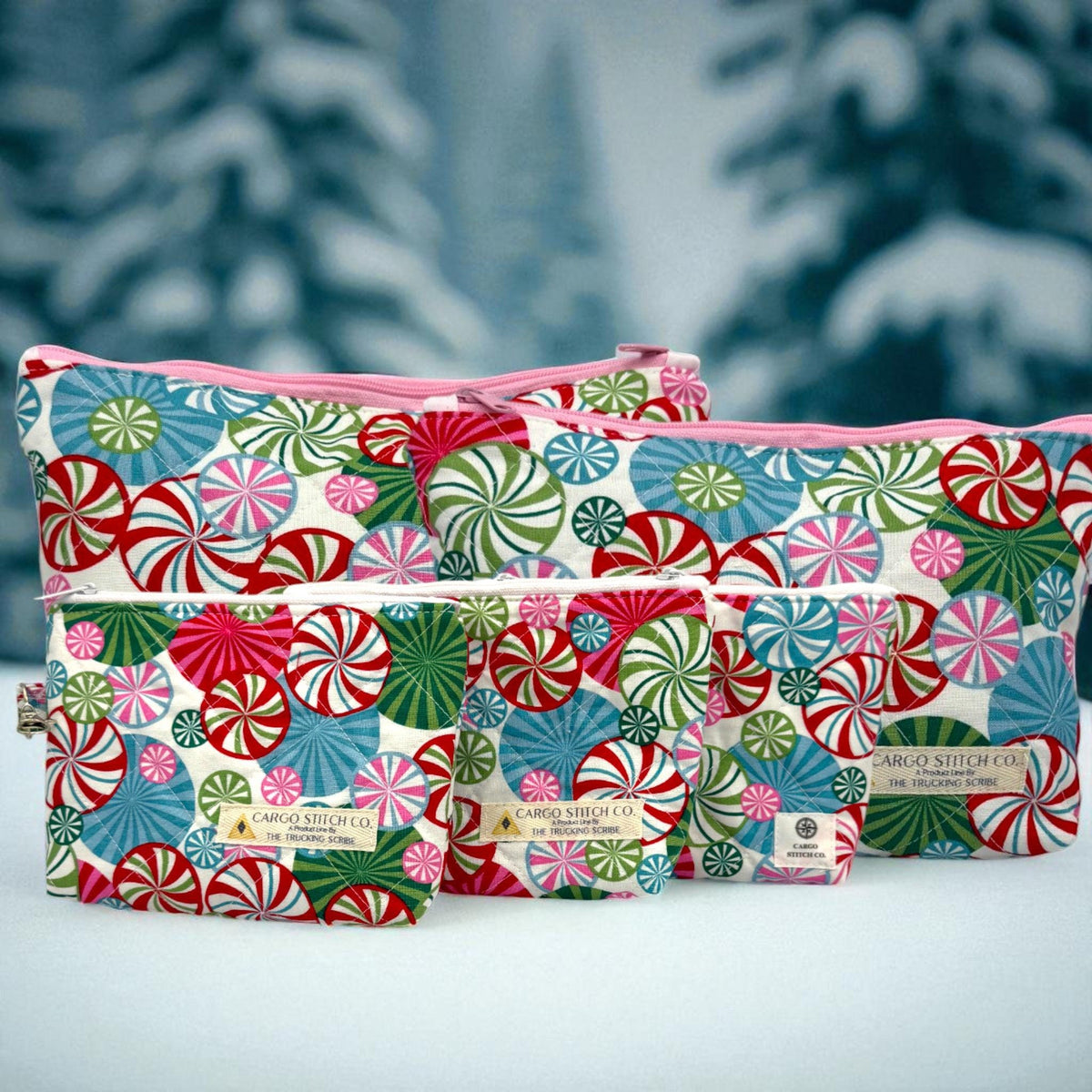 Peppermint Christmas Quilted Pouch Set | 5 Piece Zipper Pouch Bundle | Makeup Travel Craft Bags | Peppermint Lane