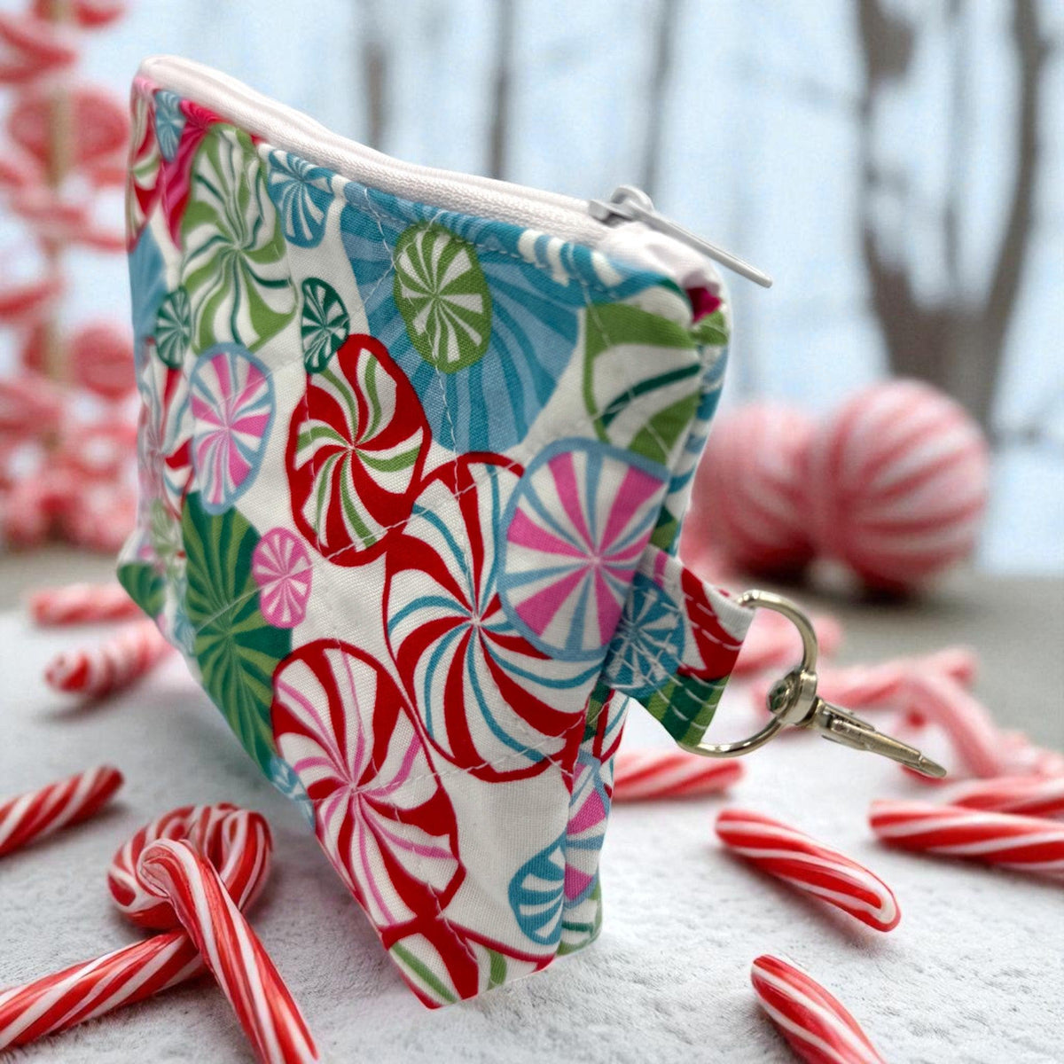 Peppermint Christmas Quilted Pouch Set | 5 Piece Zipper Pouch Bundle | Makeup Travel Craft Bags | Peppermint Lane