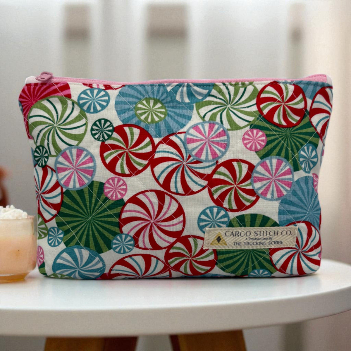 Peppermint Christmas Quilted Pouch Set | 5 Piece Zipper Pouch Bundle | Makeup Travel Craft Bags | Peppermint Lane
