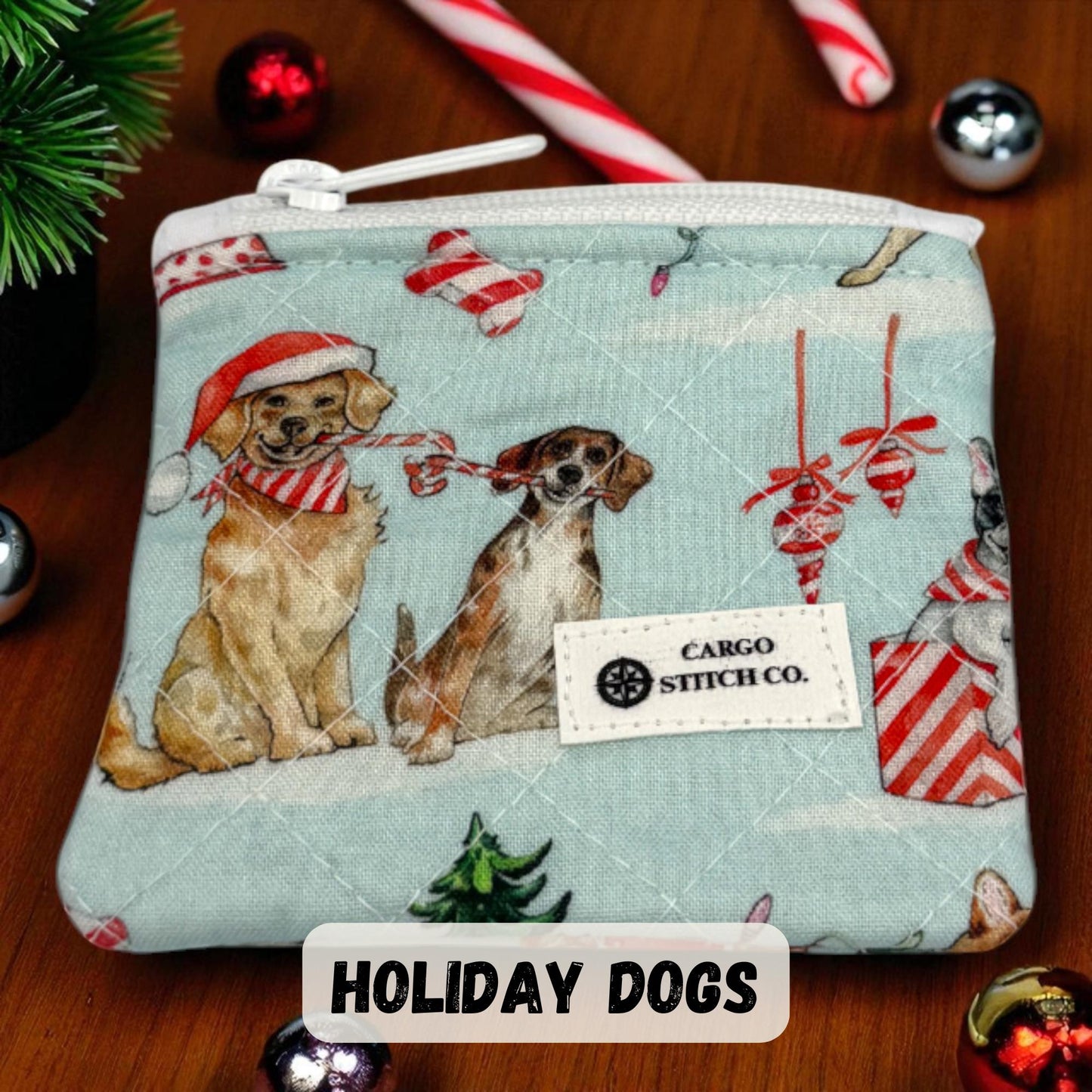 Mini Flat Quilted Zipper Pouch – 5x3 Christmas Coin Purse – Dog & Nutcracker Designs  - Choose Your Design - Earbud Pouch