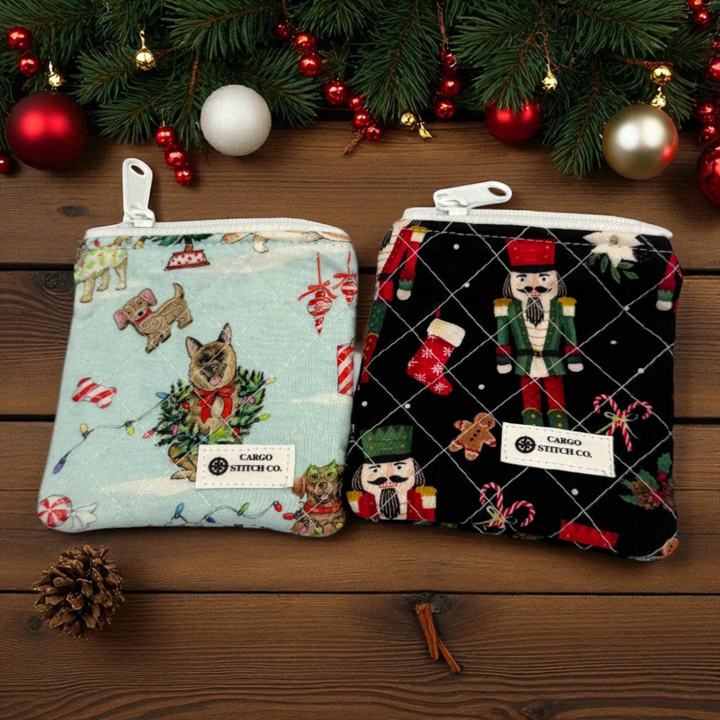 Mini Flat Quilted Zipper Pouch – 5x3 Christmas Coin Purse – Dog & Nutcracker Designs  - Choose Your Design - Earbud Pouch