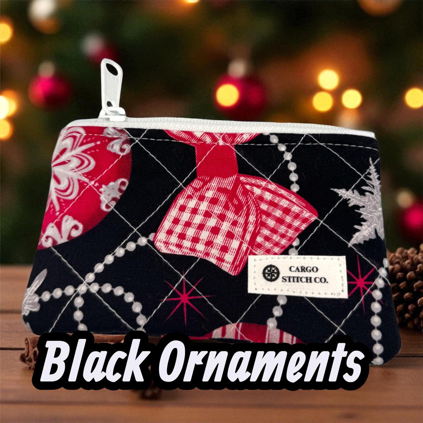Quilted Christmas Zipper Pouch – 6x3.5 Coin Purse or Gift Card Holder – Holiday Dog, Stripe, and Ornament Designs – Handmade by Cargo Stitch