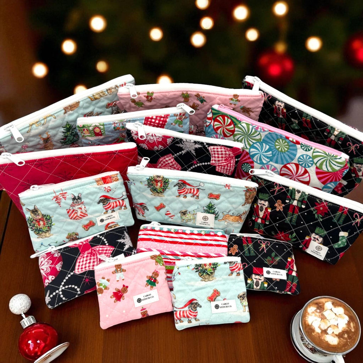 Small Quilted Zipper Pouch – 7x4x1 Pink Gingerbread Coin Bag Handmade Stocking Stuffer by Cargo Stitch Co. -Project Bag Craft Tote