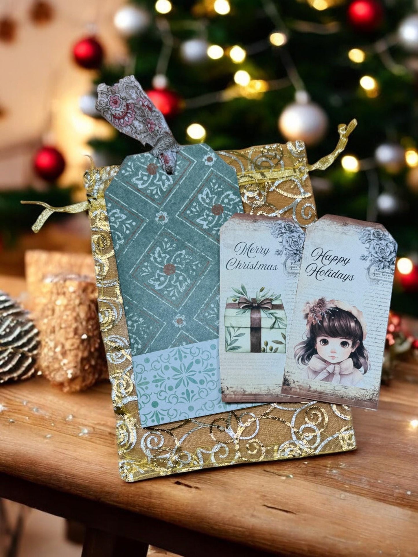 Green Christmas Junk Journal Tag – Triple Pocket Loaded Tag with Mini Notebook & Ephemera for Vintage Holiday Journaling