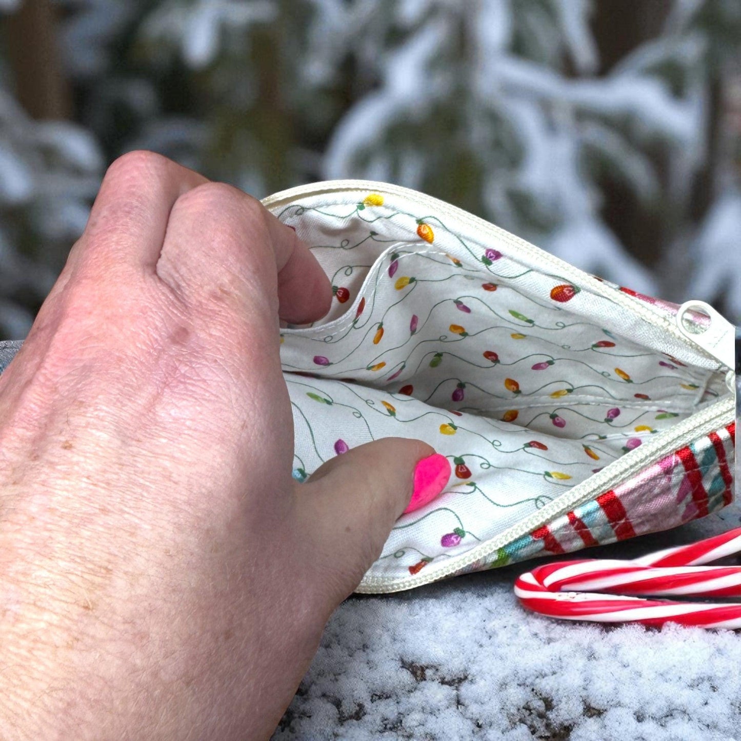 Candy Cane Stripe Quilted Zipper Pouch | Christmas Makeup Bag | Holiday Travel Pouch | Handmade Gift for Her | Cargo Stitch Co