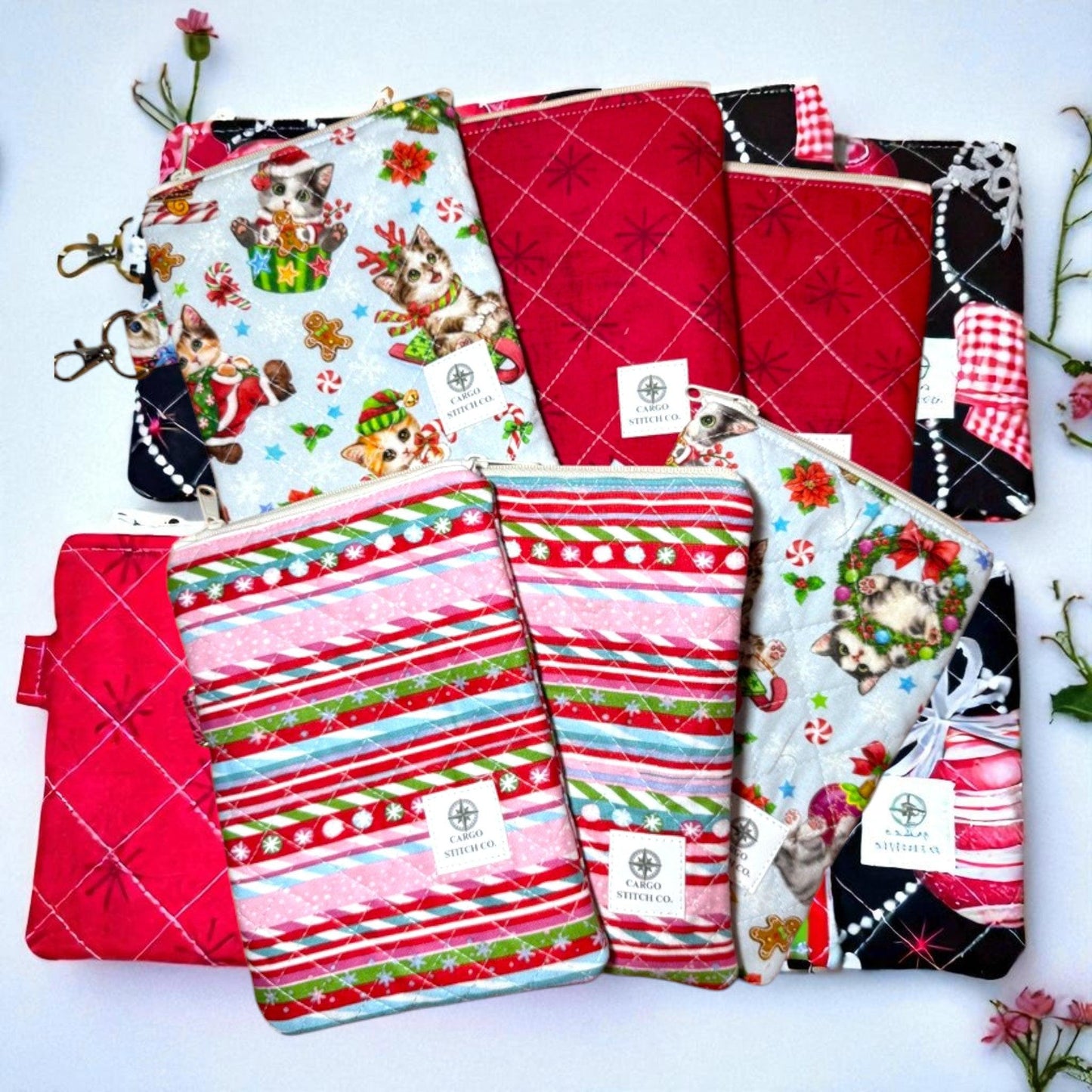 Candy Cane Stripe Quilted Zipper Pouch | Christmas Makeup Bag | Holiday Travel Pouch | Handmade Gift for Her | Cargo Stitch Co