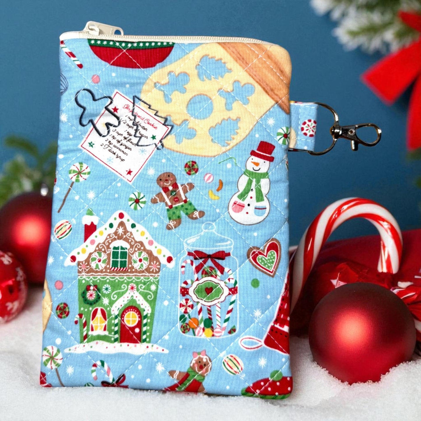 Gingerbread Zipper Pouch 7×5 • Peppermint Lane Christmas Bag • Quilted Project Bag, Makeup Pouch with Pocket & Clip • Cargo Stitch Co