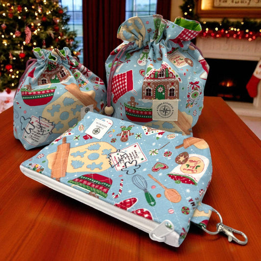 Gingerbread Gift Bag & Pouch Set – Quilted Christmas Bundle (3-Pack) – Holiday Baking Drawstring  Zipper Pouch Set