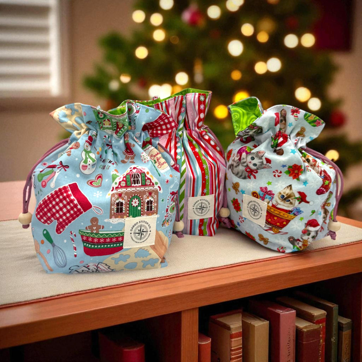Christmas Drawstring Gift Bags Set of 3 | Reusable Fabric Gift Bags | Quilted Holiday Bags | Peppermint Lane