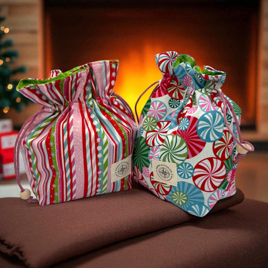 2 Holiday Drawstring Gift Bag Set – Quilted Medium Bag Duo – Peppermint Swirl & Candy Cane Stripe – Reusable Fabric Gift Wrap