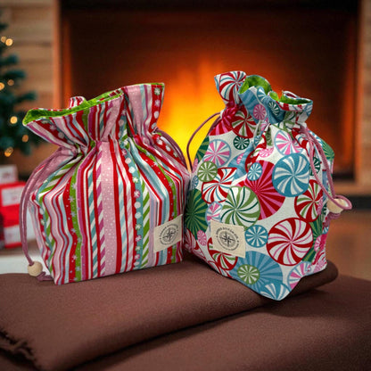 Christmas Drawstring Gift Bags Set | 2 Quilted Reusable Gift Bags | Peppermint Candy Cane Holiday Bags | Peppermint Lane
