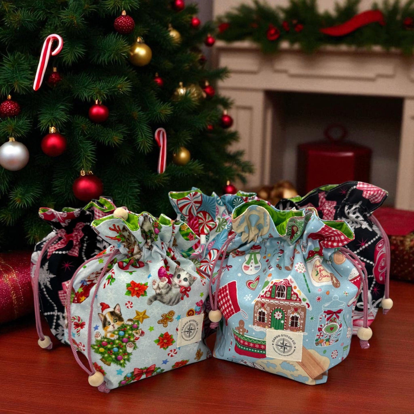 2 Holiday Drawstring Gift Bag Set – Quilted Medium Bag Duo – Peppermint Swirl & Candy Cane Stripe – Reusable Fabric Gift Wrap