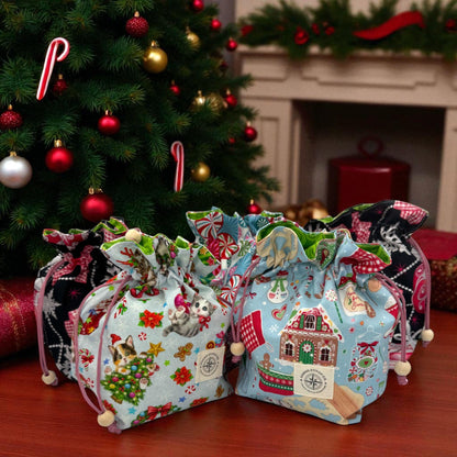 Christmas Drawstring Gift Bags Set | 2 Quilted Reusable Gift Bags | Peppermint Candy Cane Holiday Bags | Peppermint Lane