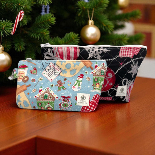 Quilted Christmas Zipper Pouch Duo: Gingerbread & Ornament Bags Holiday Organizer