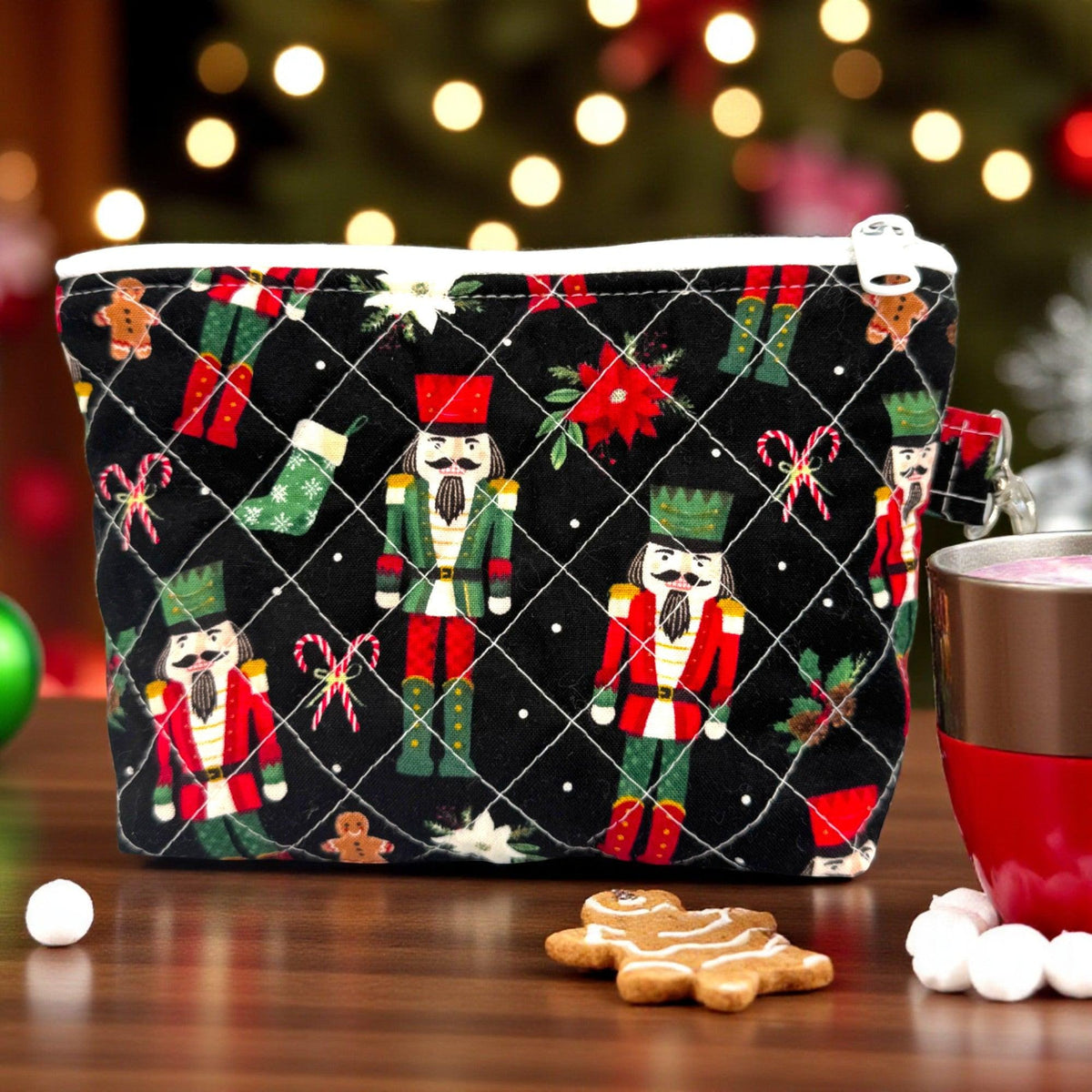 Nutcracker Christmas Quilted Pouch Set | 3 Piece Zipper Pouch Bundle | Holiday Makeup Travel Bags | Peppermint Lane