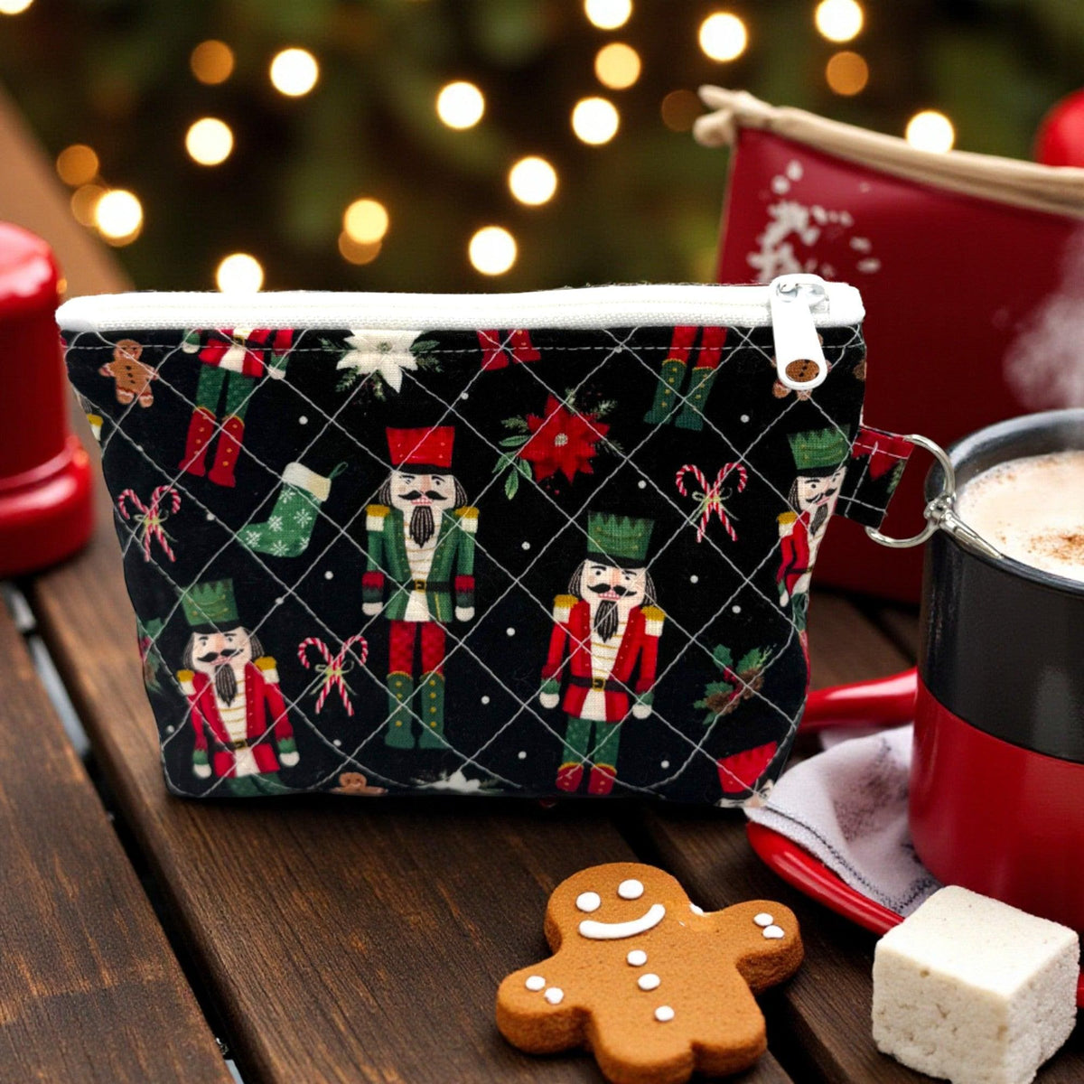 Nutcracker Christmas Quilted Pouch Set | 3 Piece Zipper Pouch Bundle | Holiday Makeup Travel Bags | Peppermint Lane