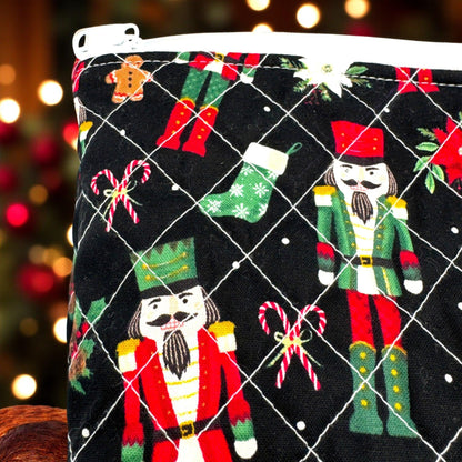 Nutcracker Christmas Quilted Pouch Set | 3 Piece Zipper Pouch Bundle | Holiday Makeup Travel Bags | Peppermint Lane