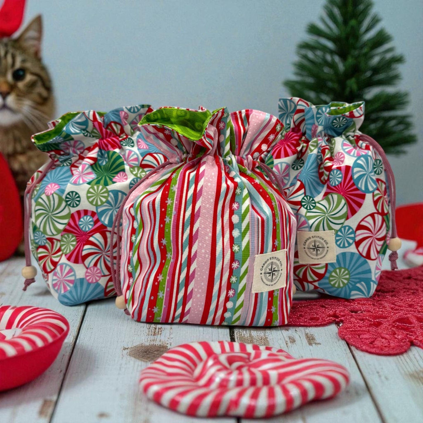 Candy Cane Stripe Drawstring Gift Bag – Medium Reusable Fabric Bag for Christmas, Stocking Stuffers, Holiday Wrapping