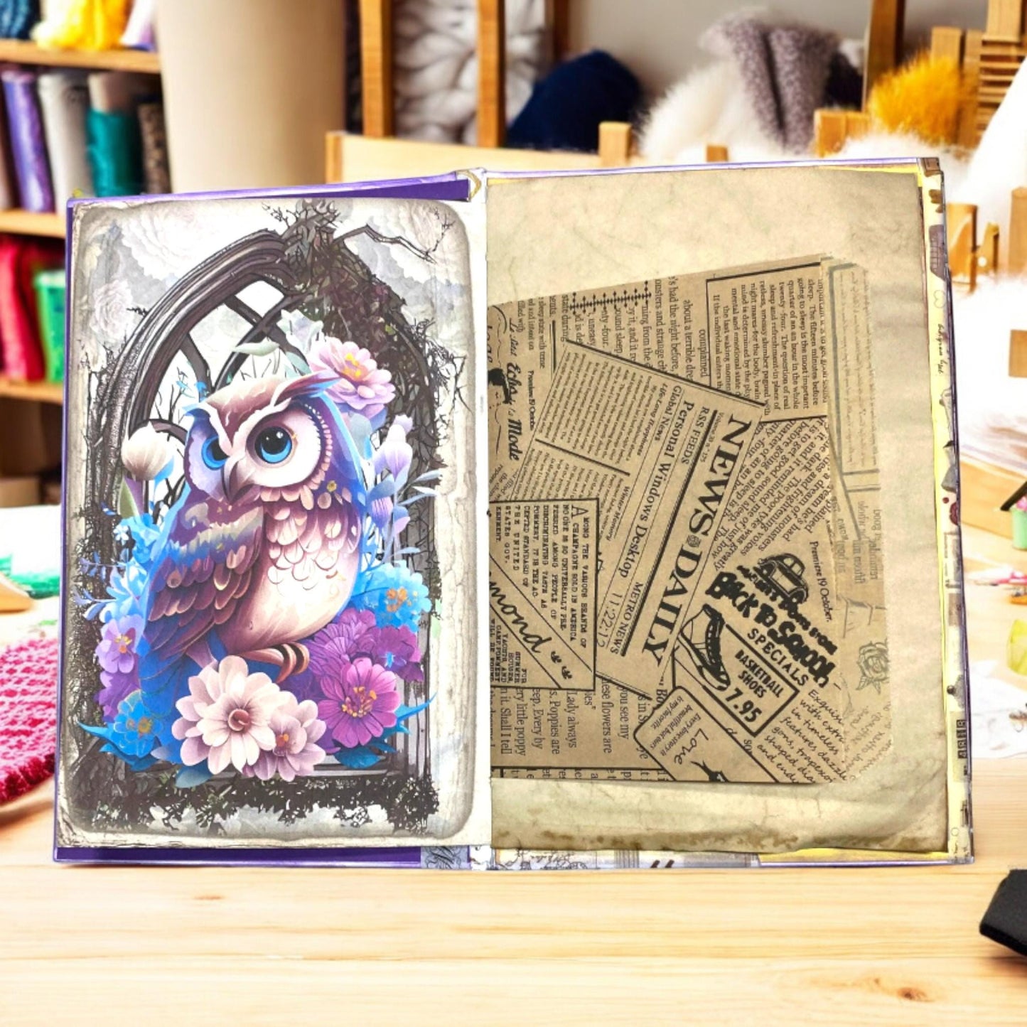 Feathers & Whispers – Owl And Butterfly Junk Journal | Handmade Flip-Flop Forest Journal B6 with Pockets  Ephemera