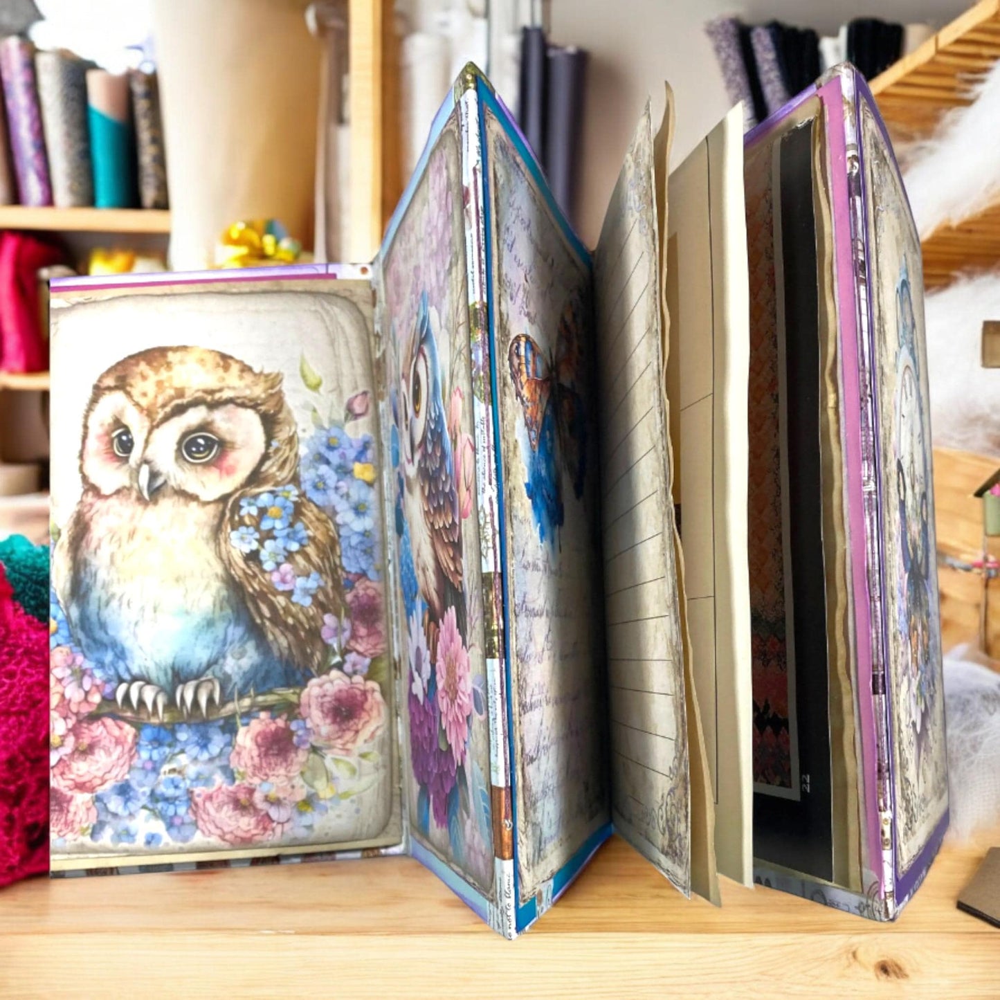 Feathers & Whispers – Owl And Butterfly Junk Journal | Handmade Flip-Flop Forest Journal B6 with Pockets  Ephemera