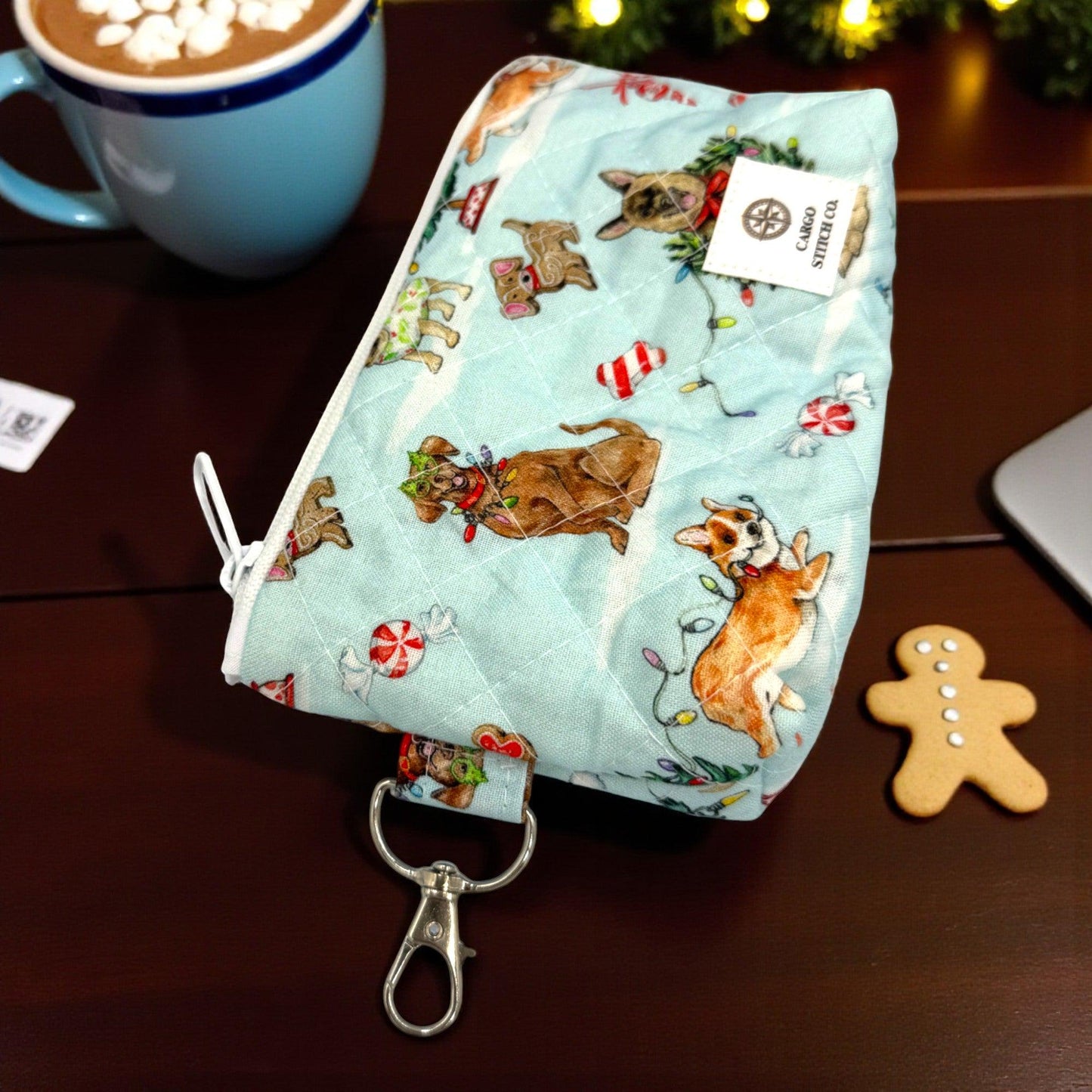 Quilted Zipper Pouch 9x6x2 - Everyday Peppermint Lane | Dog Large Holiday Dogs Lover Gift | Swivel Clasp | Travel Bag