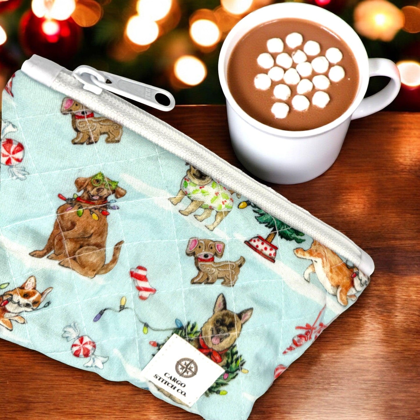 Medium Holiday Dogs Quilted Pouch 8x4.5 - Everyday Peppermint Lane | Dog Lover Gift | Swivel Clasp | Travel Pouch