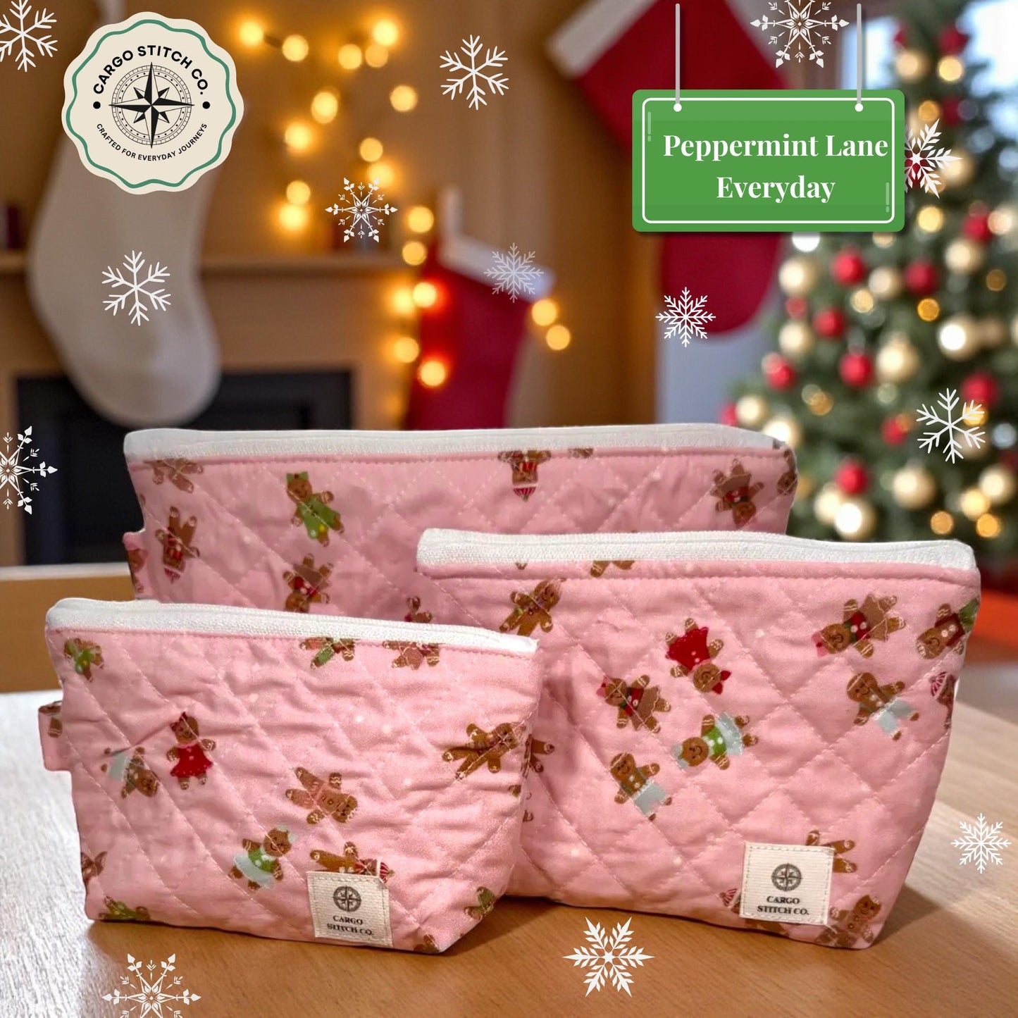 Pink Gingerbread 3-Piece Quilted Pouch Set - Everyday Peppermint Lane | Makeup Bag Bundle | Gift Set