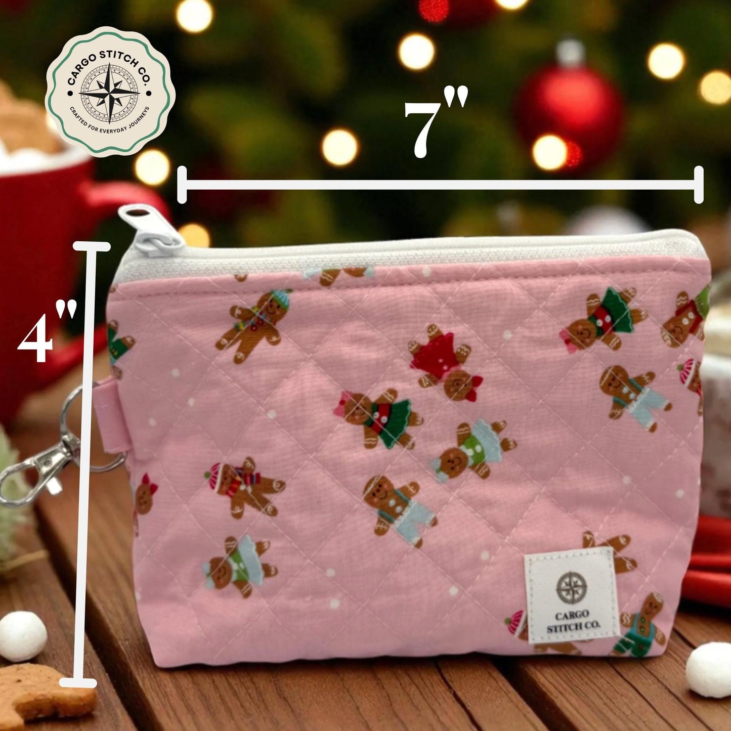 Small Quilted Zipper Pouch – 7x4x1 Pink Gingerbread Coin Bag Handmade Stocking Stuffer by Cargo Stitch Co. -Project Bag Craft Tote