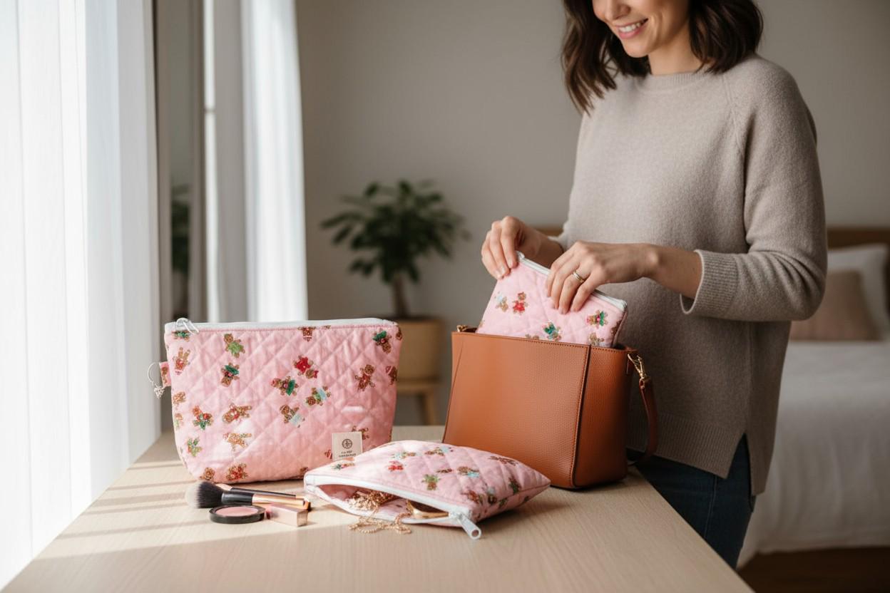 Medium Quilted Zipper Pouch – 7x5x1.5 Pink Gingerbread Bag Handmade Holiday Stocking Stuffer. Cosmetic Pouch