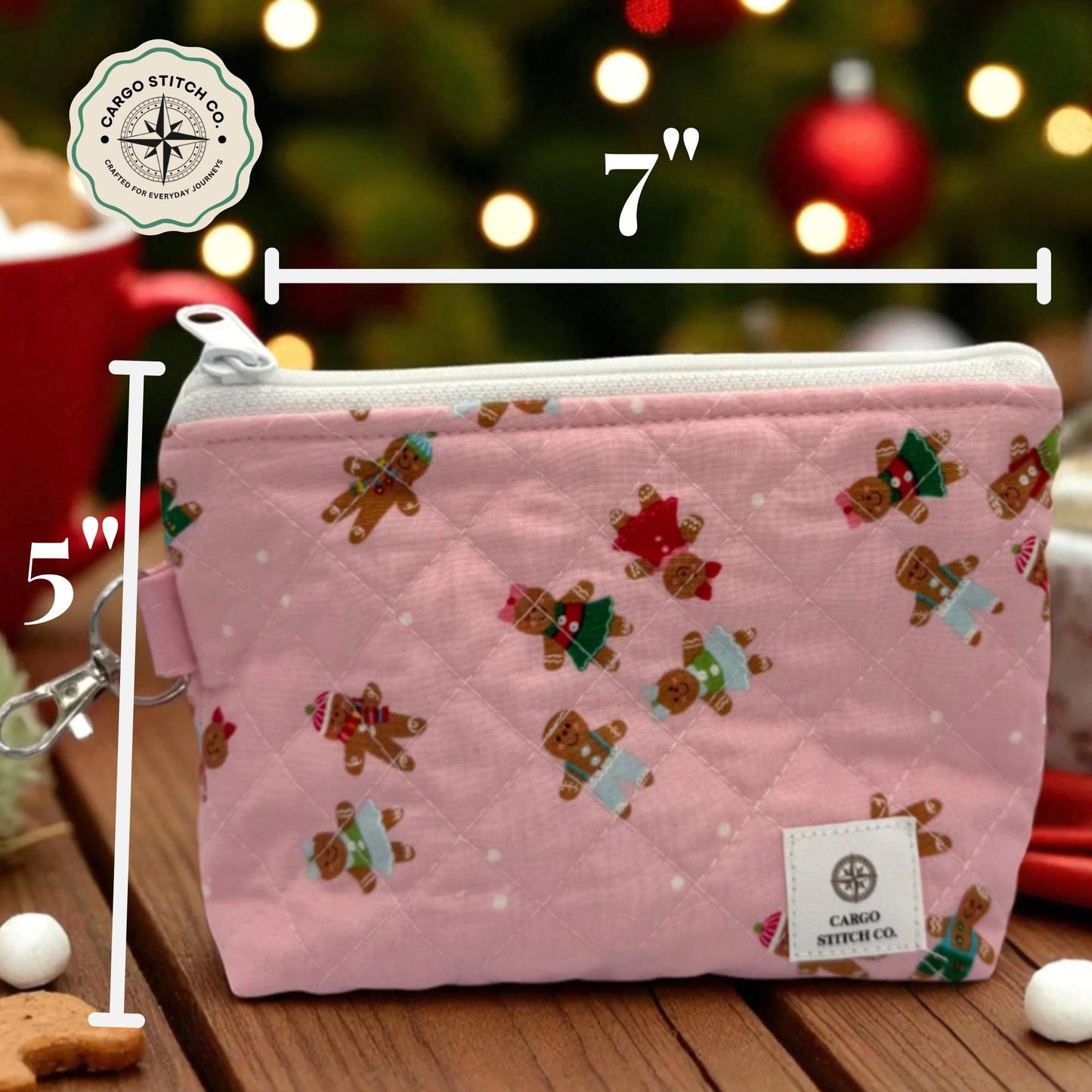 Medium Quilted Zipper Pouch – 7x5x1.5 Pink Gingerbread Bag Handmade Holiday Stocking Stuffer. Cosmetic Pouch