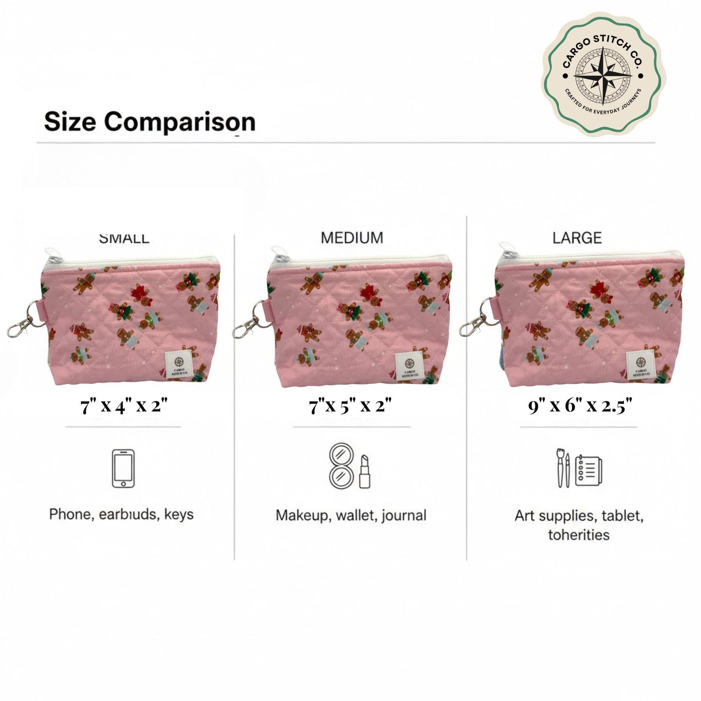 Nutcracker Zipper Pouch Set – 3 Quilted Bags Bundle – Christmas Gift Idea – Handmade Holiday Pouches – Stocking Stuffer Set – Cargo Stitch