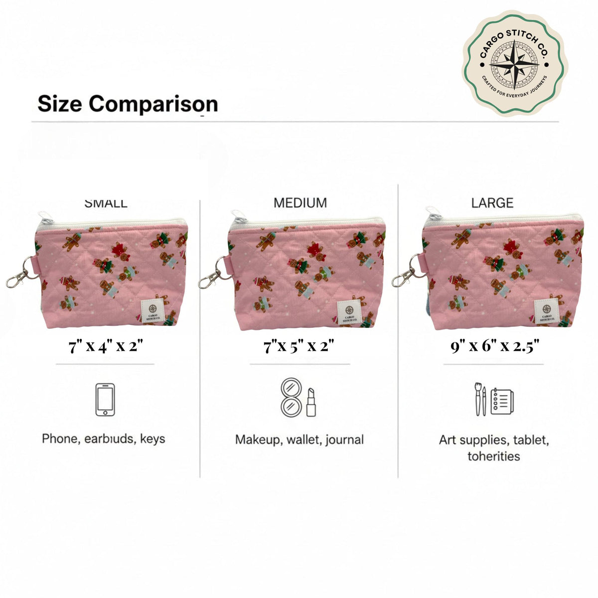 Nutcracker Christmas Quilted Pouch Set | 3 Piece Zipper Pouch Bundle | Holiday Makeup Travel Bags | Peppermint Lane