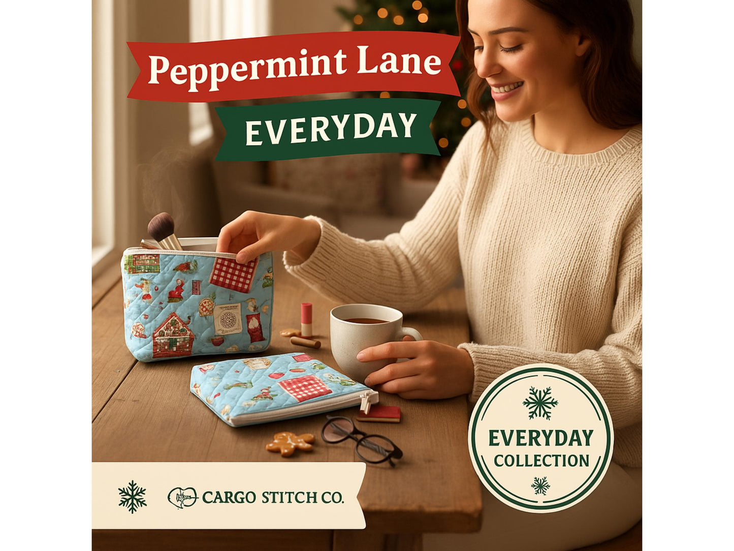 Gingerbread Gift Bag & Pouch Set – Quilted Christmas Bundle (3-Pack) – Holiday Baking Drawstring  Zipper Pouch Set