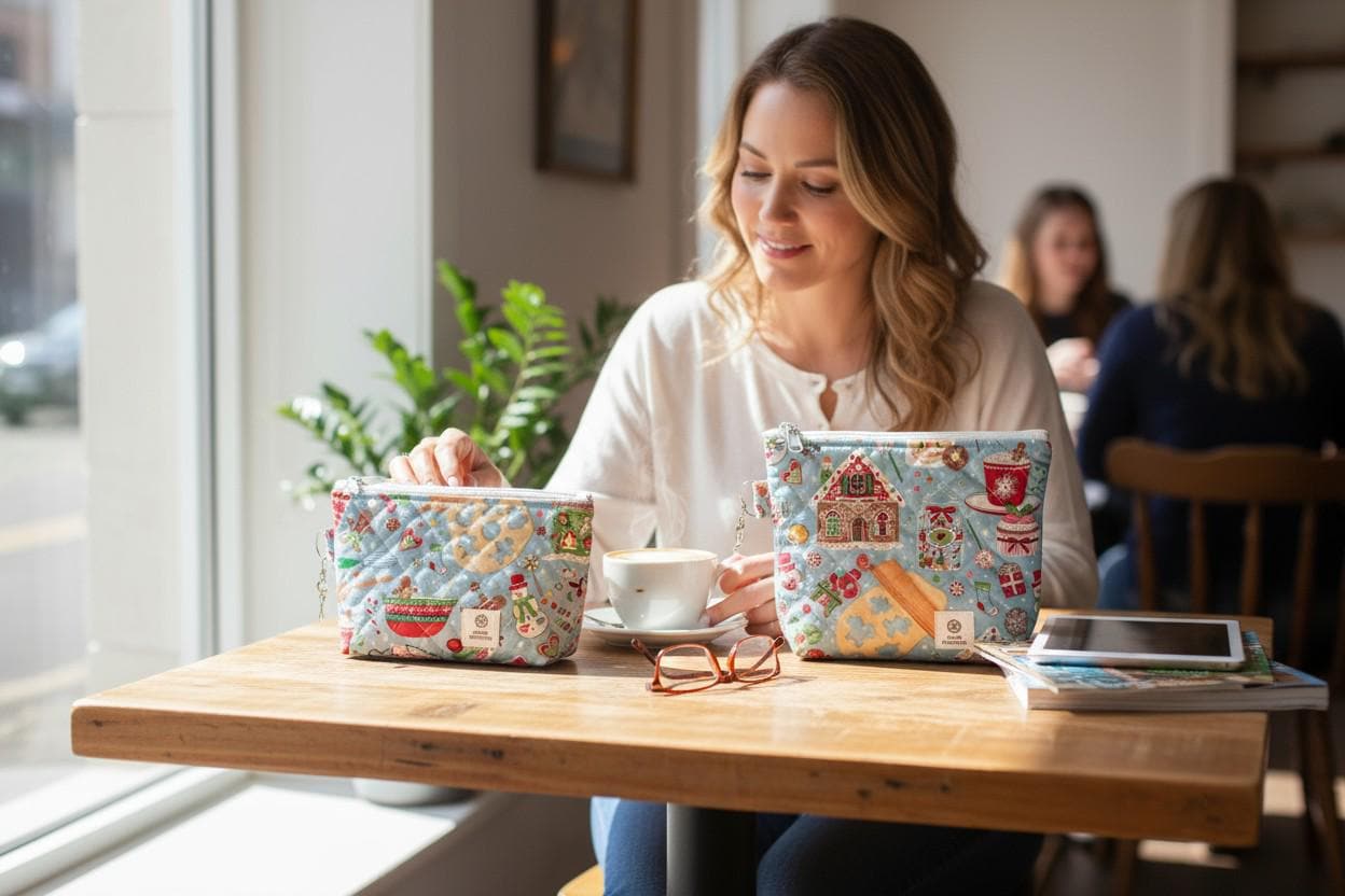 Gingerbread Gift Bag & Pouch Set – Quilted Christmas Bundle (3-Pack) – Holiday Baking Drawstring  Zipper Pouch Set