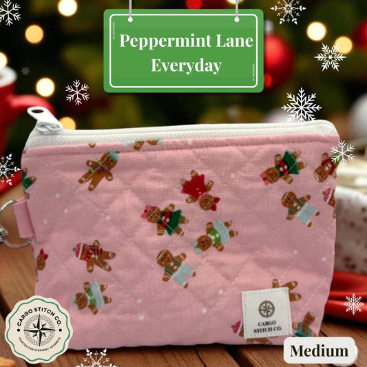 Medium Quilted Zipper Pouch – 7x5x1.5 Pink Gingerbread Bag Handmade Holiday Stocking Stuffer. Cosmetic Pouch