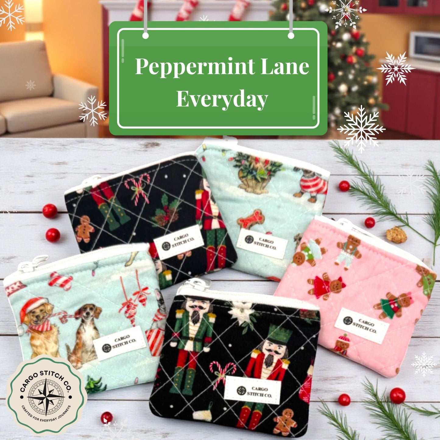 Mini Quilted Holiday Coin Pouch – 4x3 Christmas Zipper Wallet – Handmade Gift by Cargo Stitch Co. – Earbud Case - Hearing Aid Pouch