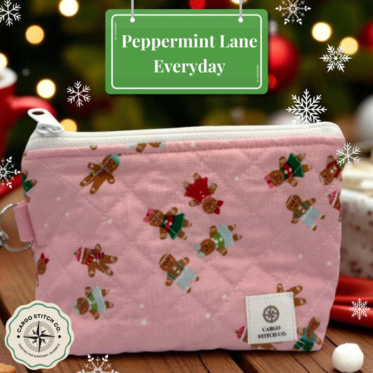 Large Quilted Holiday Pouch – 9x6x2.5 Pink Gingerbread Zipper Bag – Handmade Gift or Travel Organizer Cosmetic Pouch  by Cargo Stitch Co.