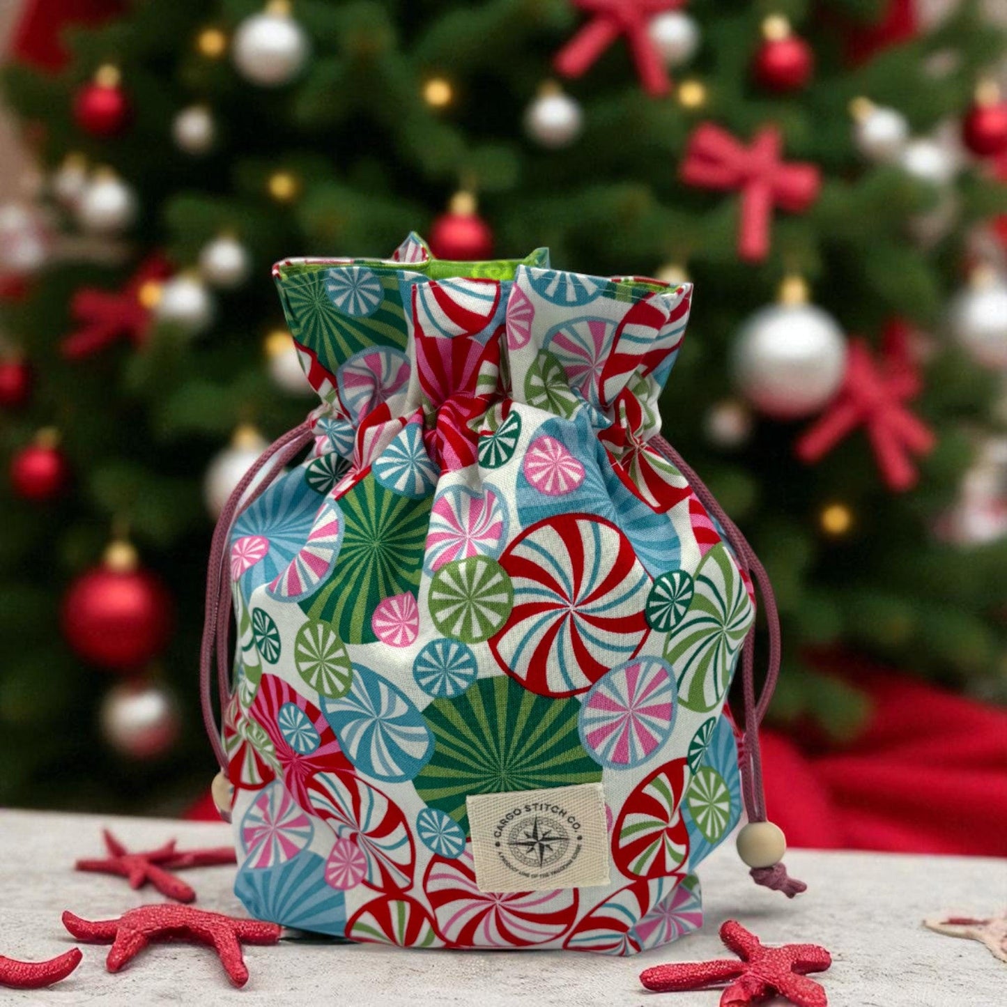 3 Holiday Gift Bag Set – Peppermint Lane 2025 – Reusable Quilted Drawstring Bags – Christmas Gift Wrap – Limited Edition – Set of 3