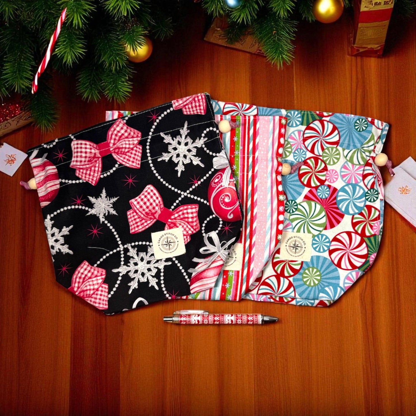 3 Holiday Gift Bag Set – Peppermint Lane 2025 – Reusable Quilted Drawstring Bags – Christmas Gift Wrap – Limited Edition – Set of 3