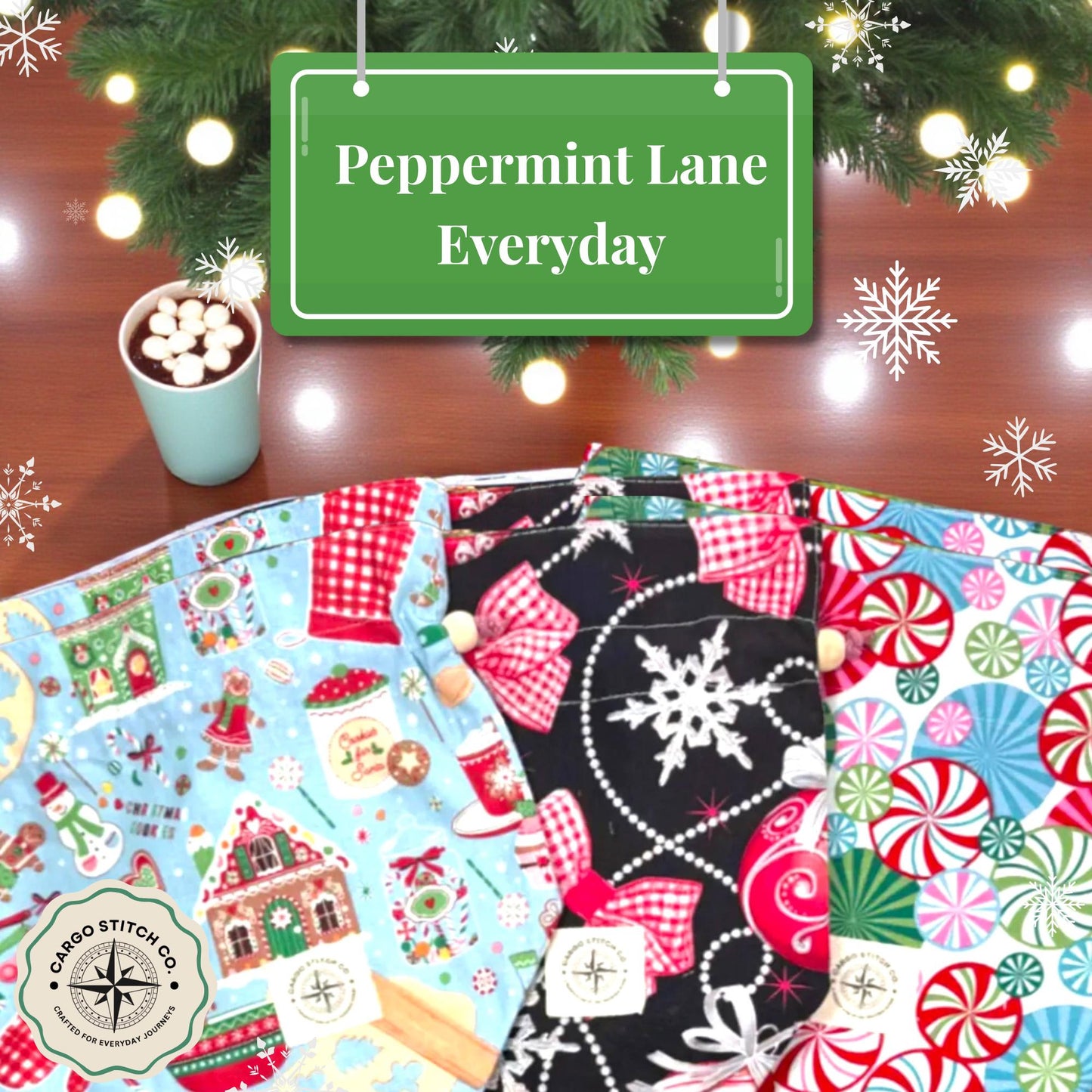 3 Holiday Gift Bag Set – Peppermint Lane 2025 – Reusable Quilted Drawstring Bags – Christmas Gift Wrap – Limited Edition – Set of 3